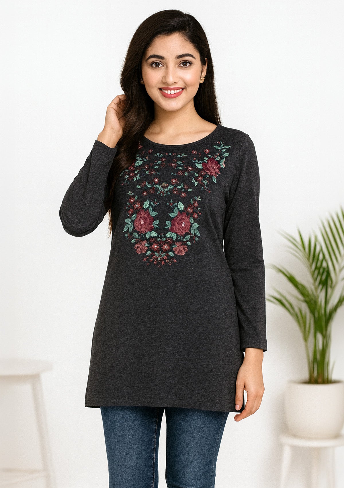 Women’s Long Top – Charcoal Melange Cotton Knit with Floral Print