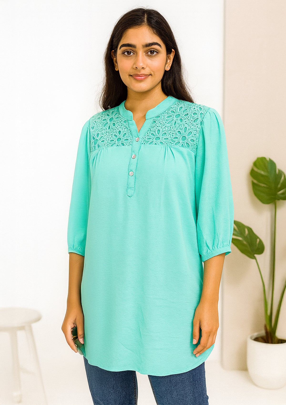 Women’s Mint Georgette Top – Lace Yoke & Mandarin Collar
