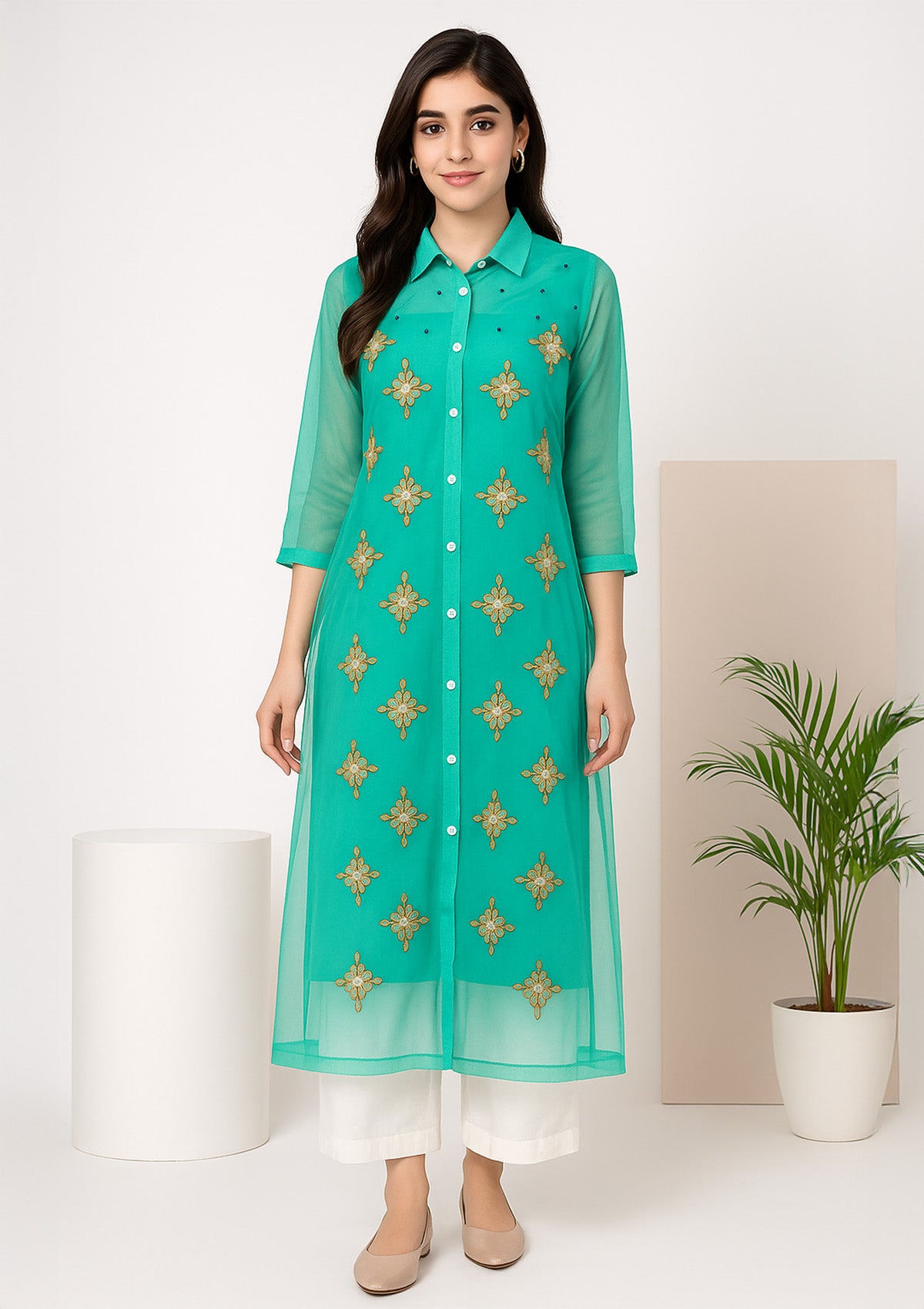Women's Silk Straight Kurti – Aqua Blue Color & Exclusive Embroidery