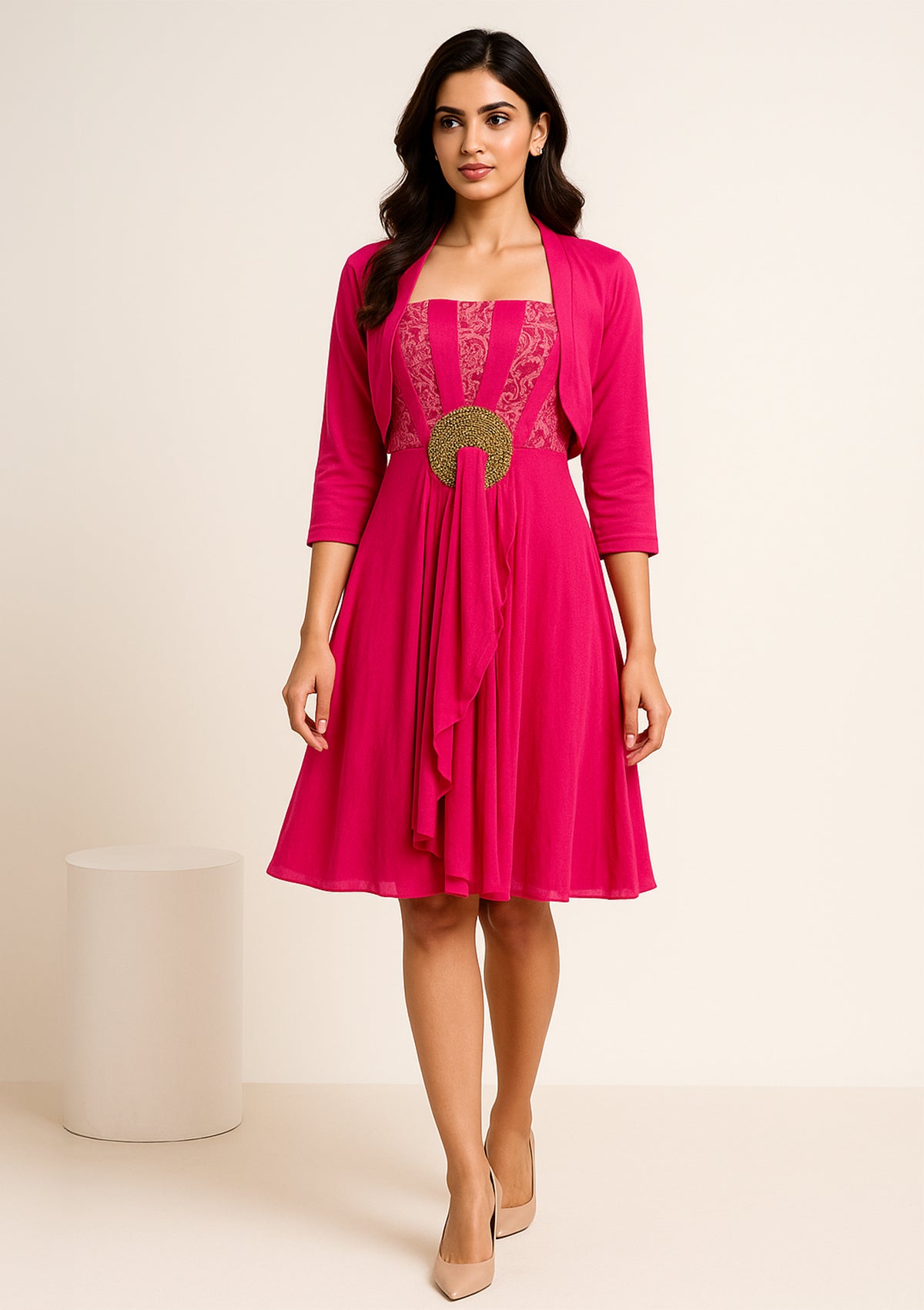 Women’s Hot Pink Stretchable Designer – Lace Panelled Strap Dress