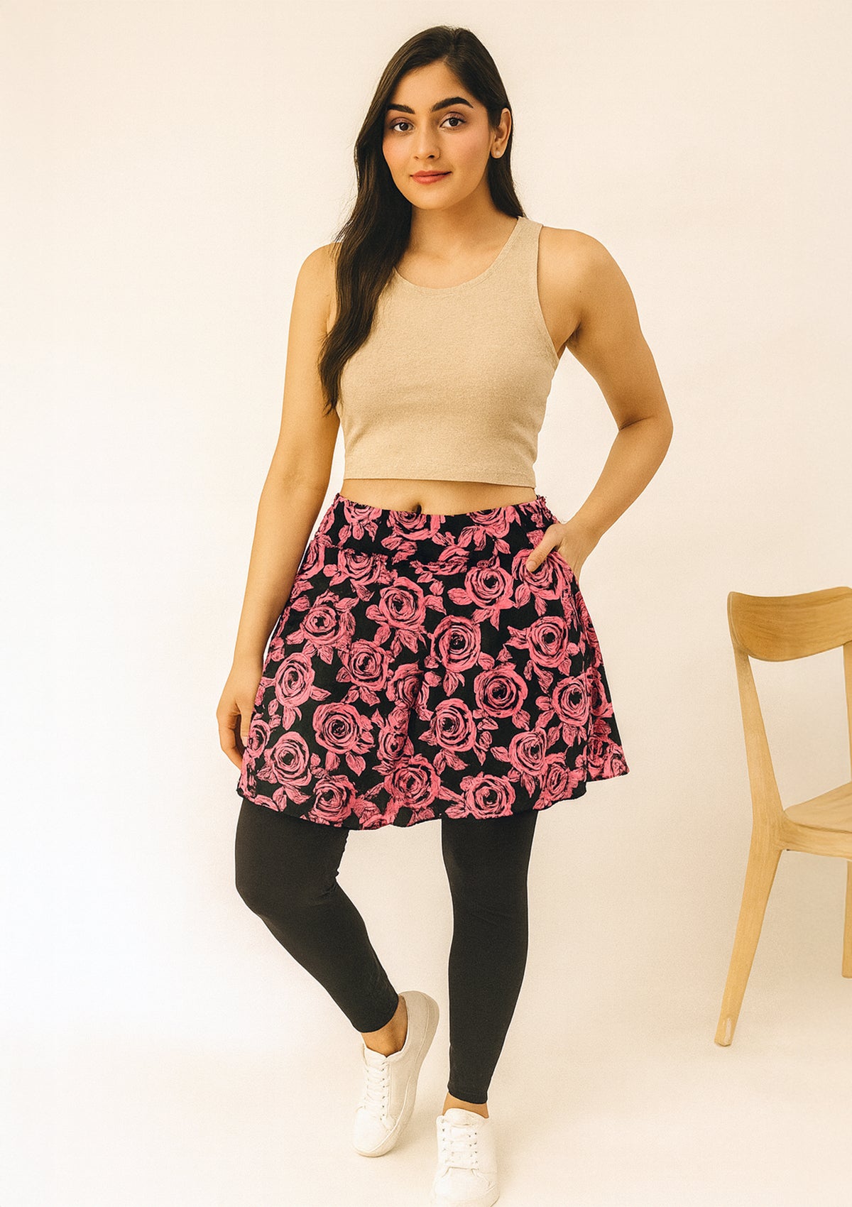 Women’s Pink Rose Print Mini Skirt with Attached Leggings