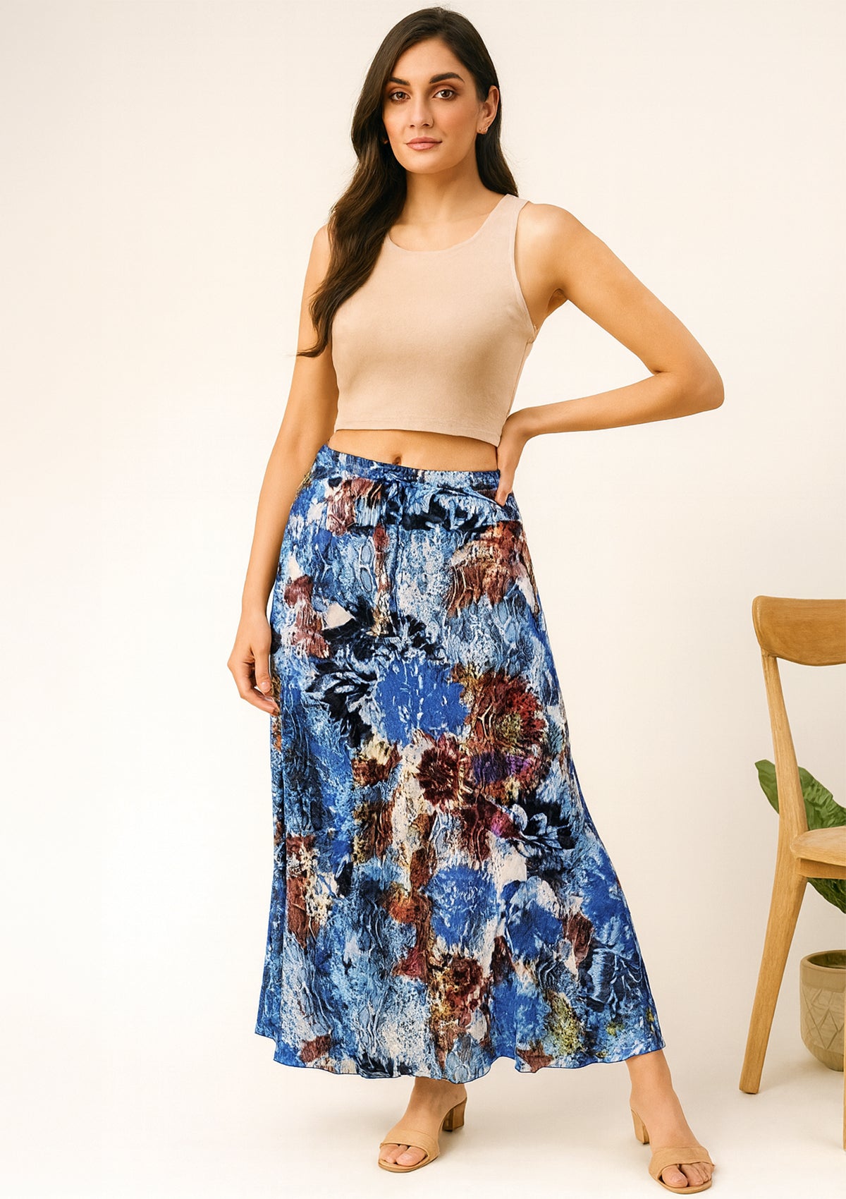 Women’s Blue Abstract Floral Hosiery Long Skirt – Stretch Maxi Skirt