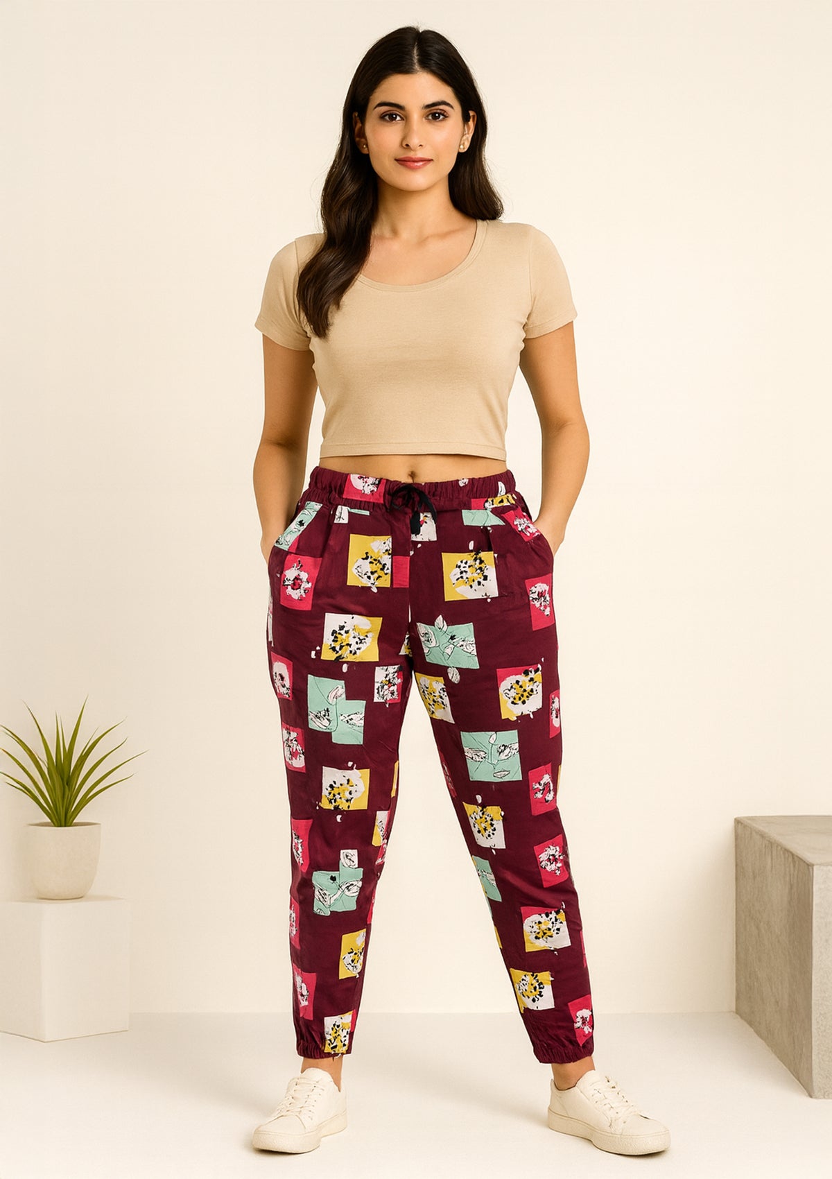 Women’s Maroon Abstract Print Jogger Pants – Soft Hosiery