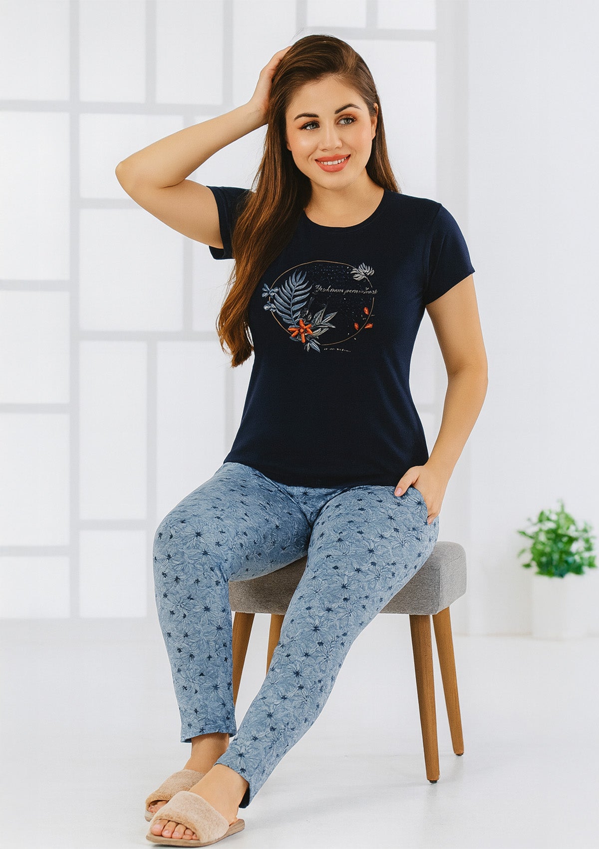 Women’s Night Suit – 3‑Piece Set, Sky Blue ditsy Floral Pyjama Suit