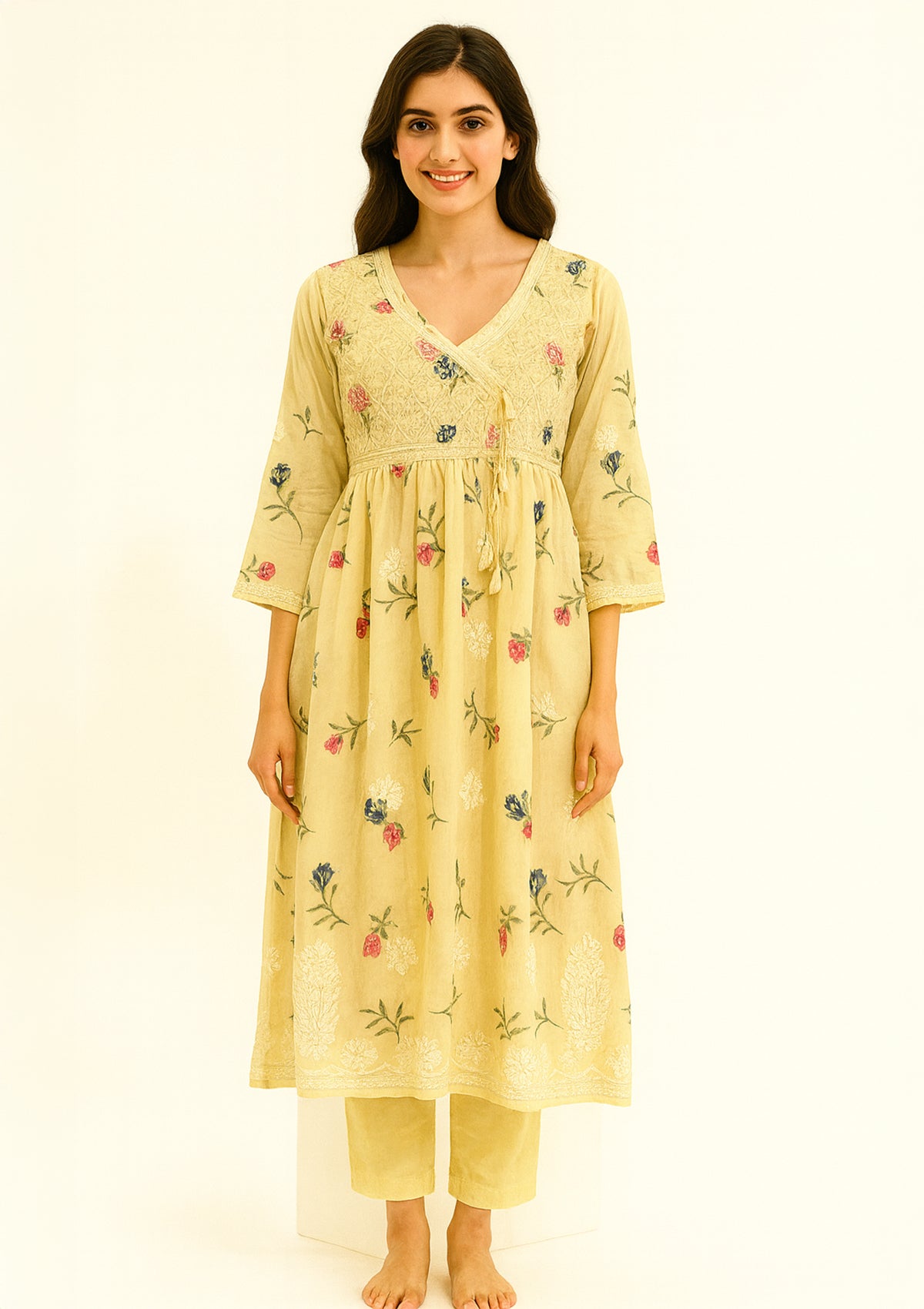 Flared Georgette Kurti with Chikankari Embroidery & Floral Detailing