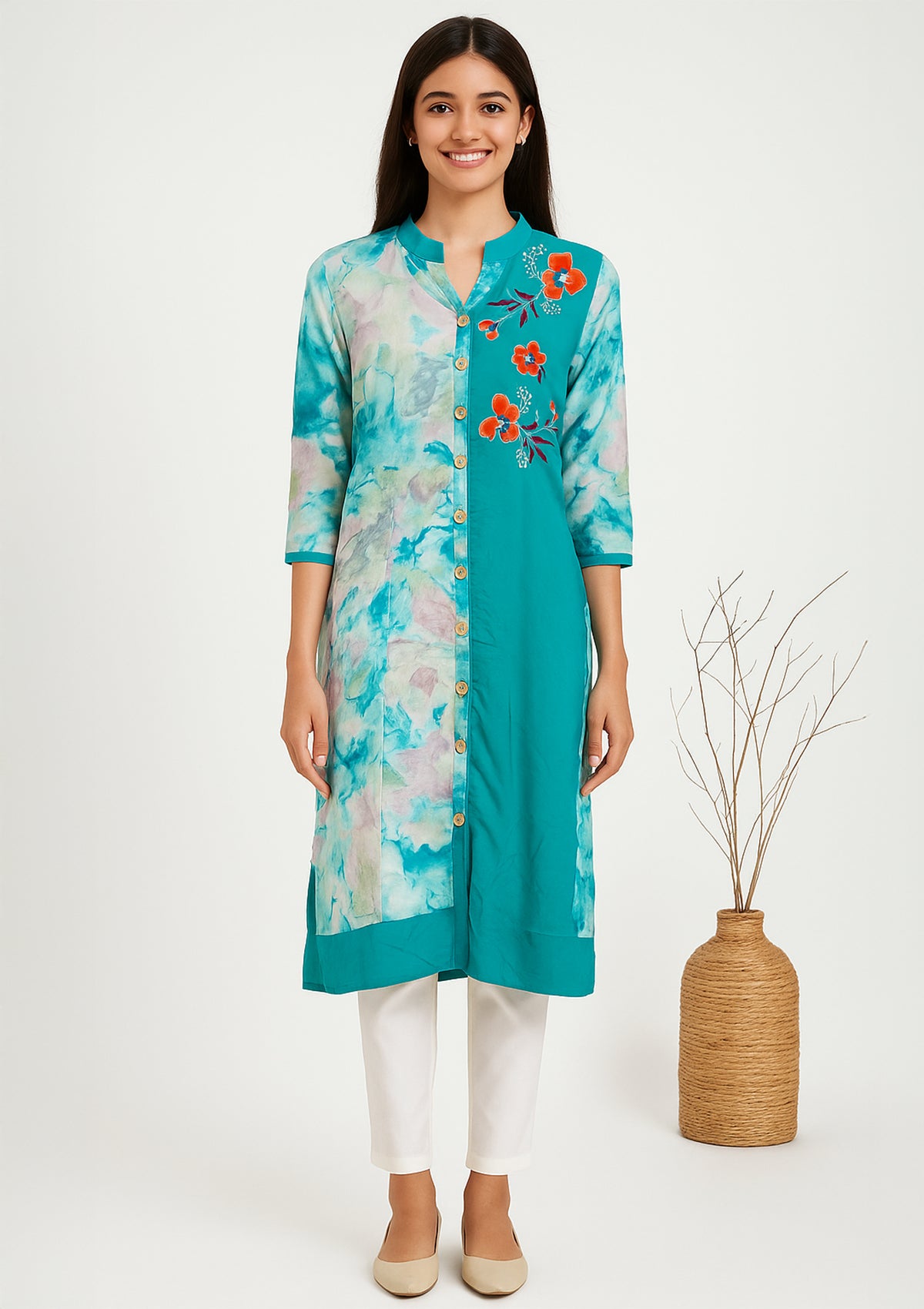 Teal Blue Printed & Embroidered Rayon Kurti