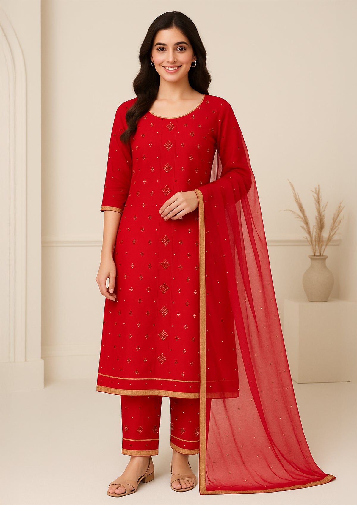Red Jam Cotton Unstitched Suit with Chiffon Dupatta