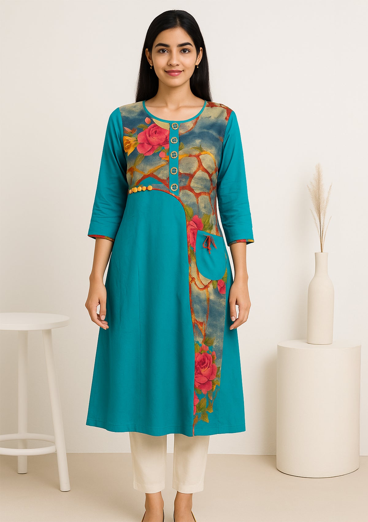 Teal Rayon Printed Kurti with Two-Layer Design and Floral Accents