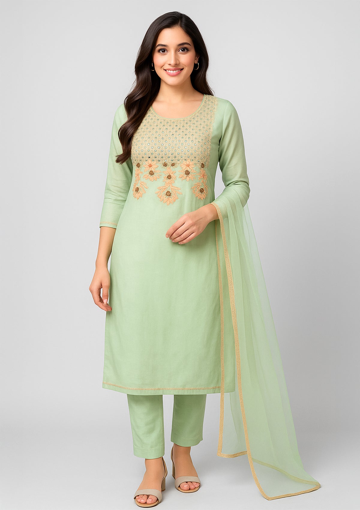 Light Green Jam Cotton Unstitched Suit with Heavy Embroidered Work