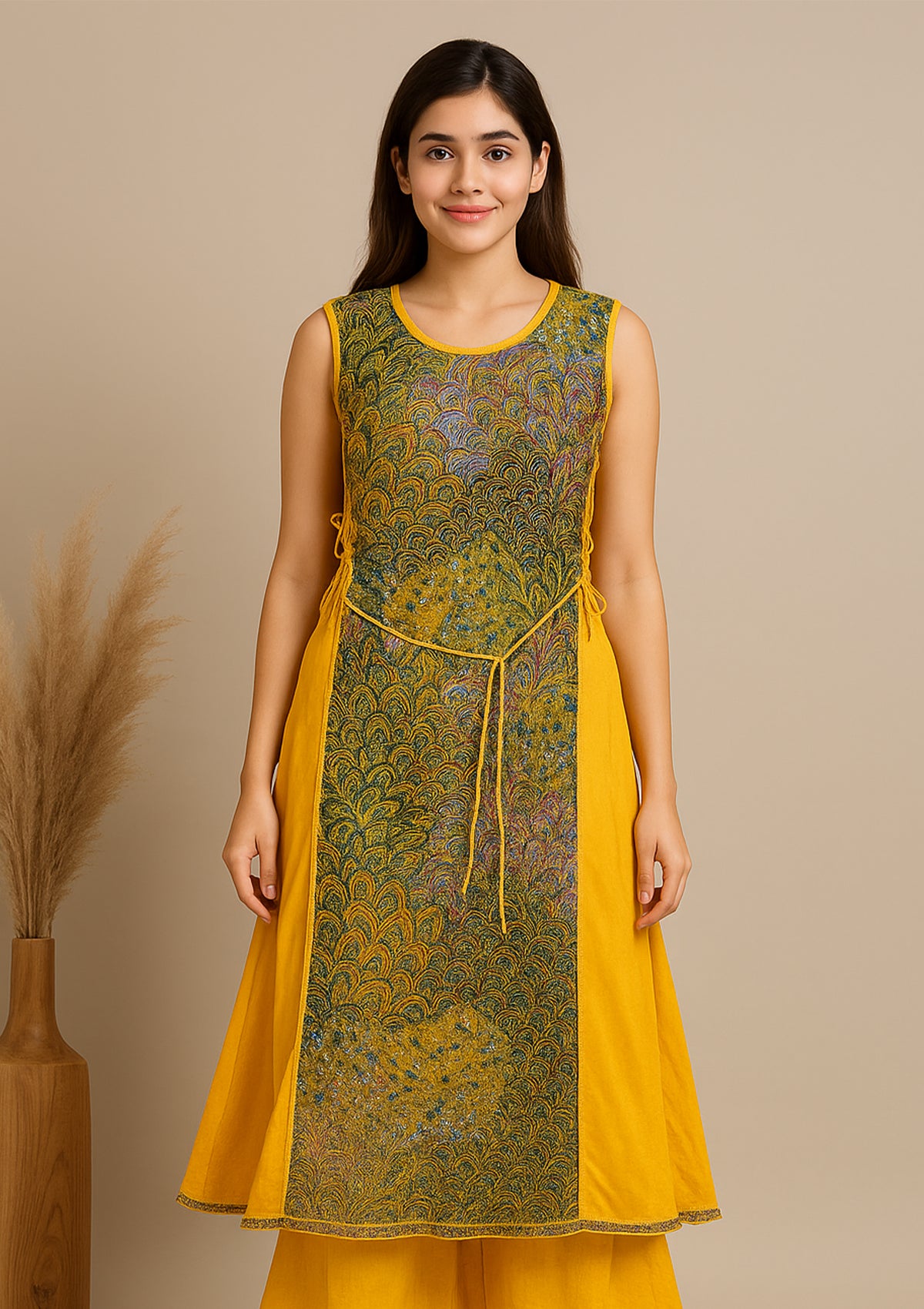 ClothingSutra Golden Yellow Mustard Silk Double Layered Designer Kurti with Printed Overlay XL