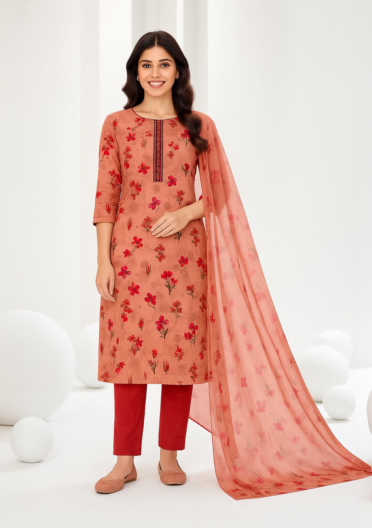 Peach Rayon Embroidered Unstitched Suit with Cotton Bottom