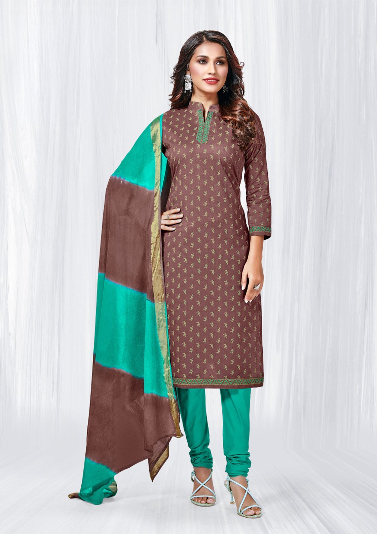 Brown & Green Printed Cotton Unstitched Suit with Churidar & Dupatta