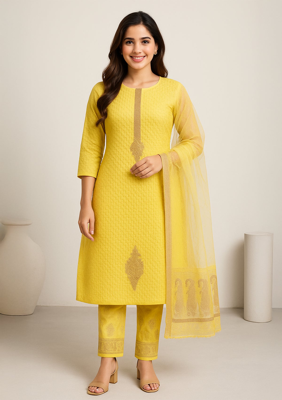 Yellow Chicken Work Unstitched Suit with Pure Dupatta