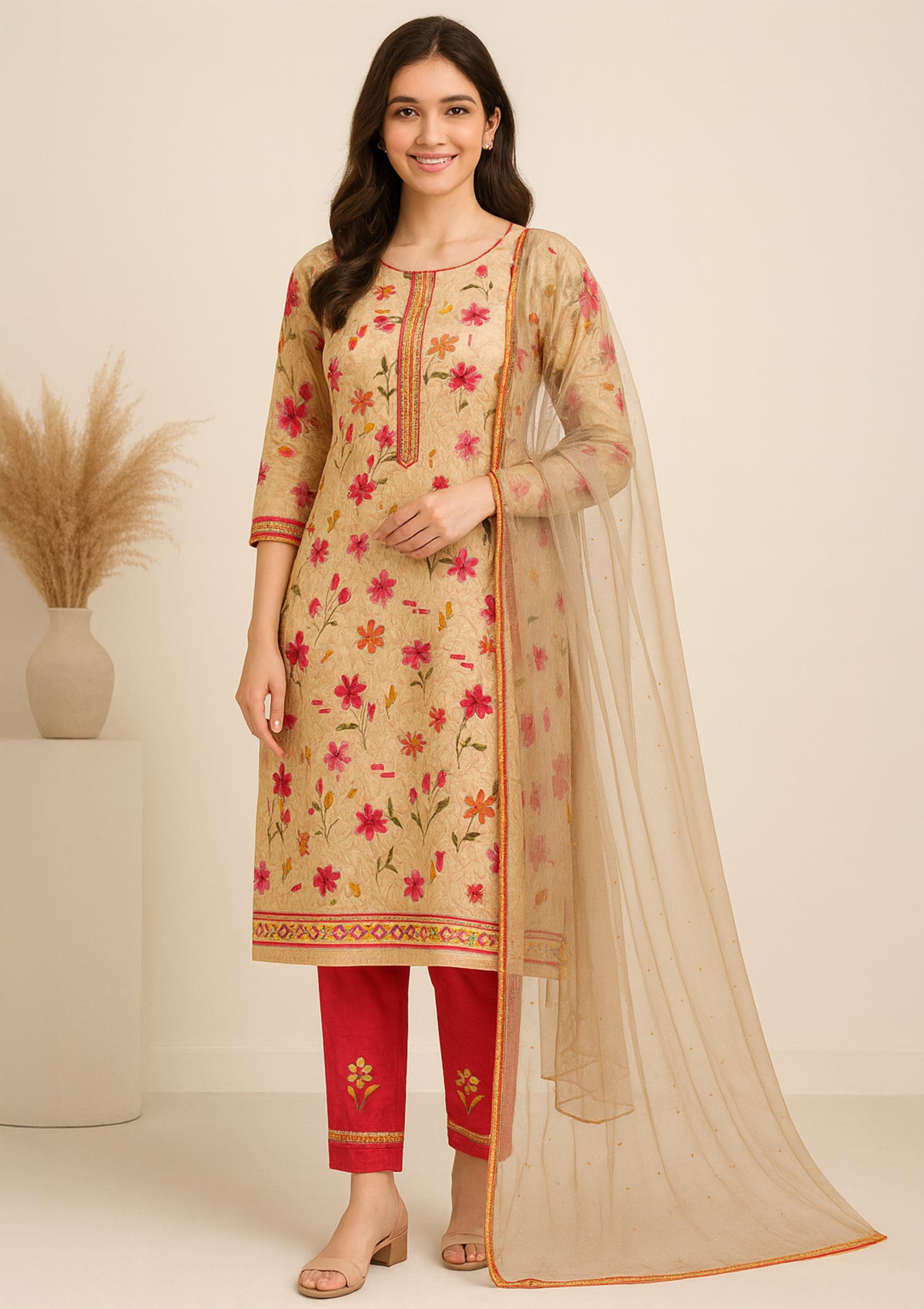 Premium Beige & Red Floral Printed Unstitched Suit Set