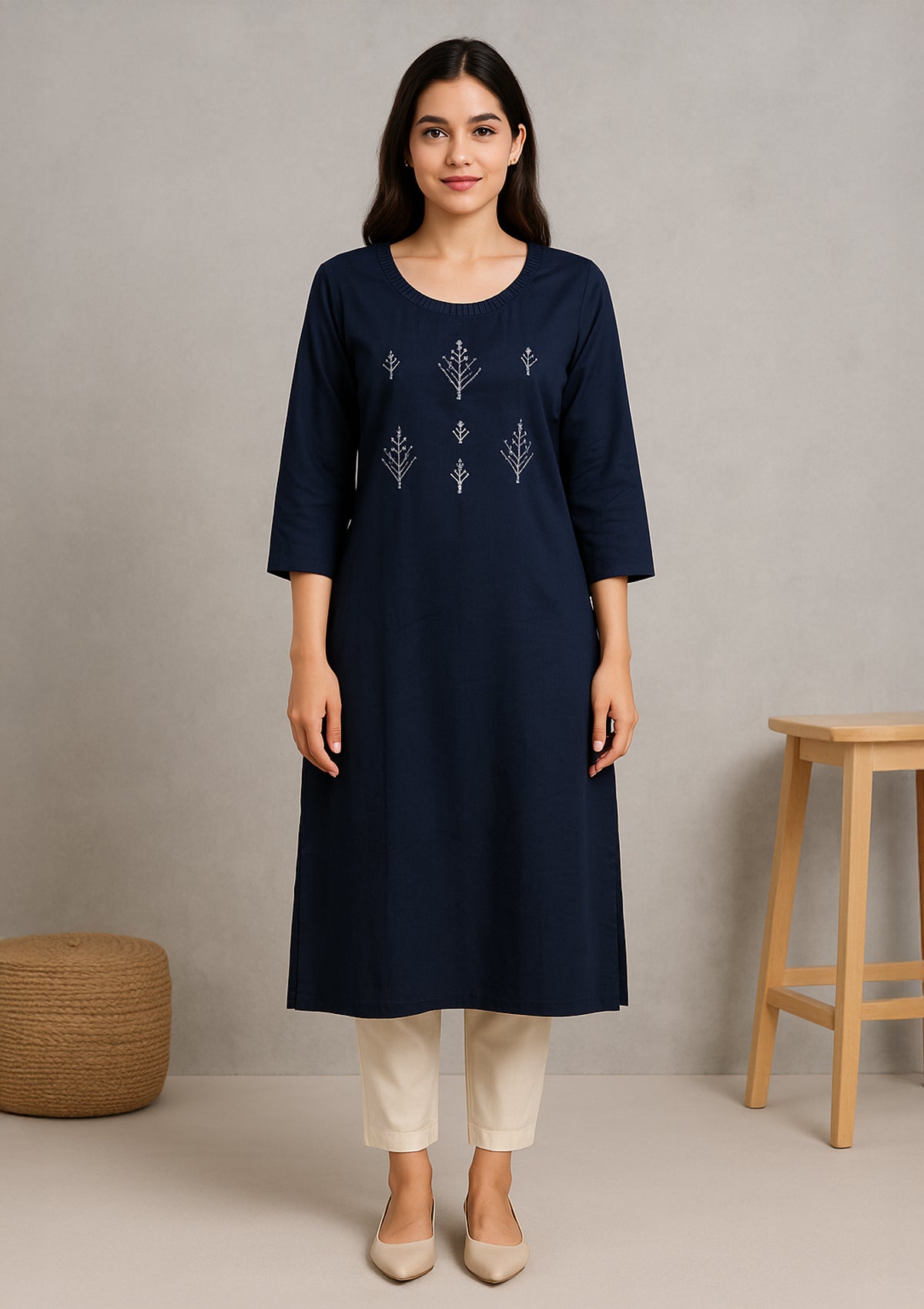 Navy Blue Rayon Kurti with Silver Embroidery and Minimal Mirror Work