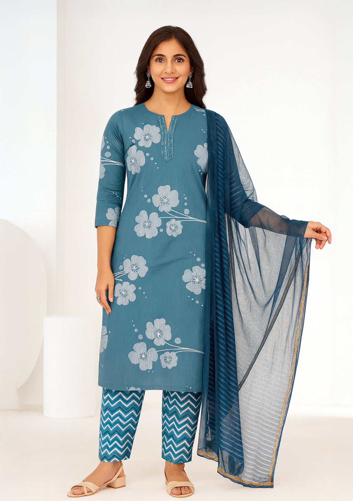 Premium Blue Printed Cotton Unstitched Suit with Floral Top