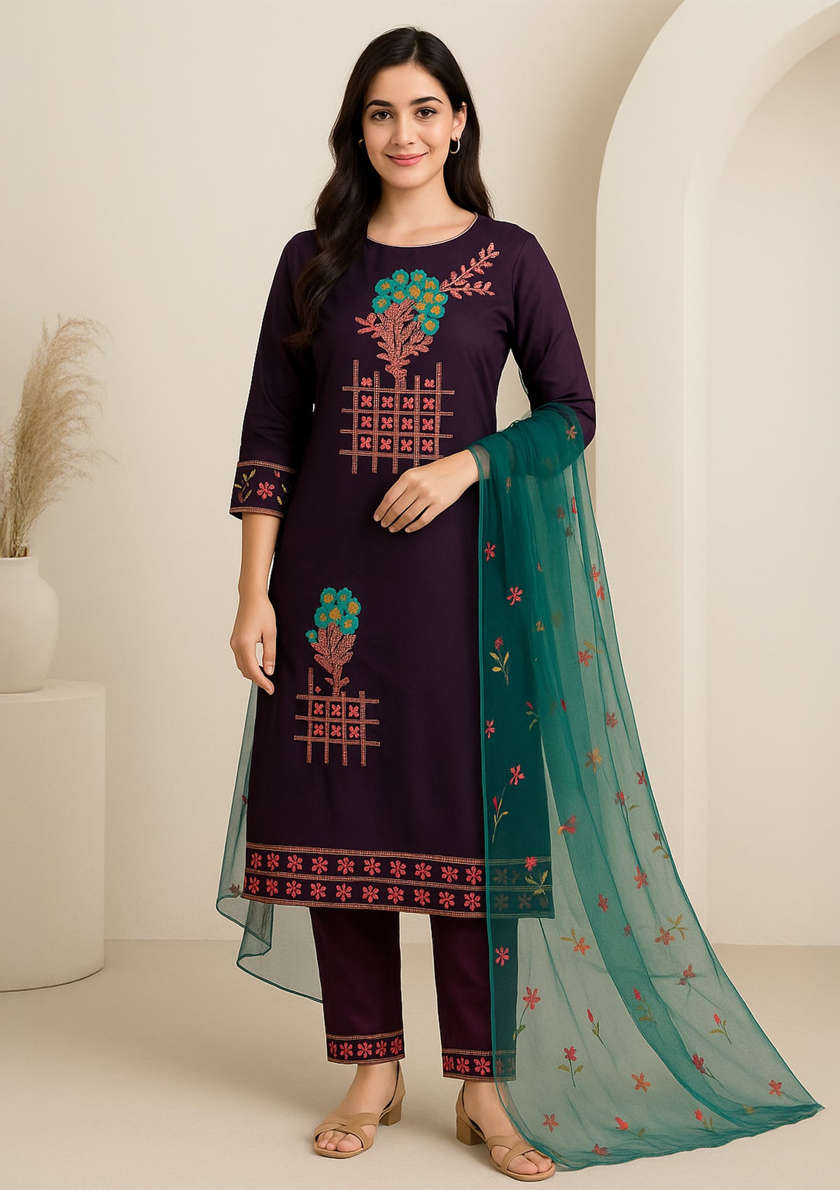 Premium Purple Natural Crepe Unstitched Suit with Intricate Embroidery