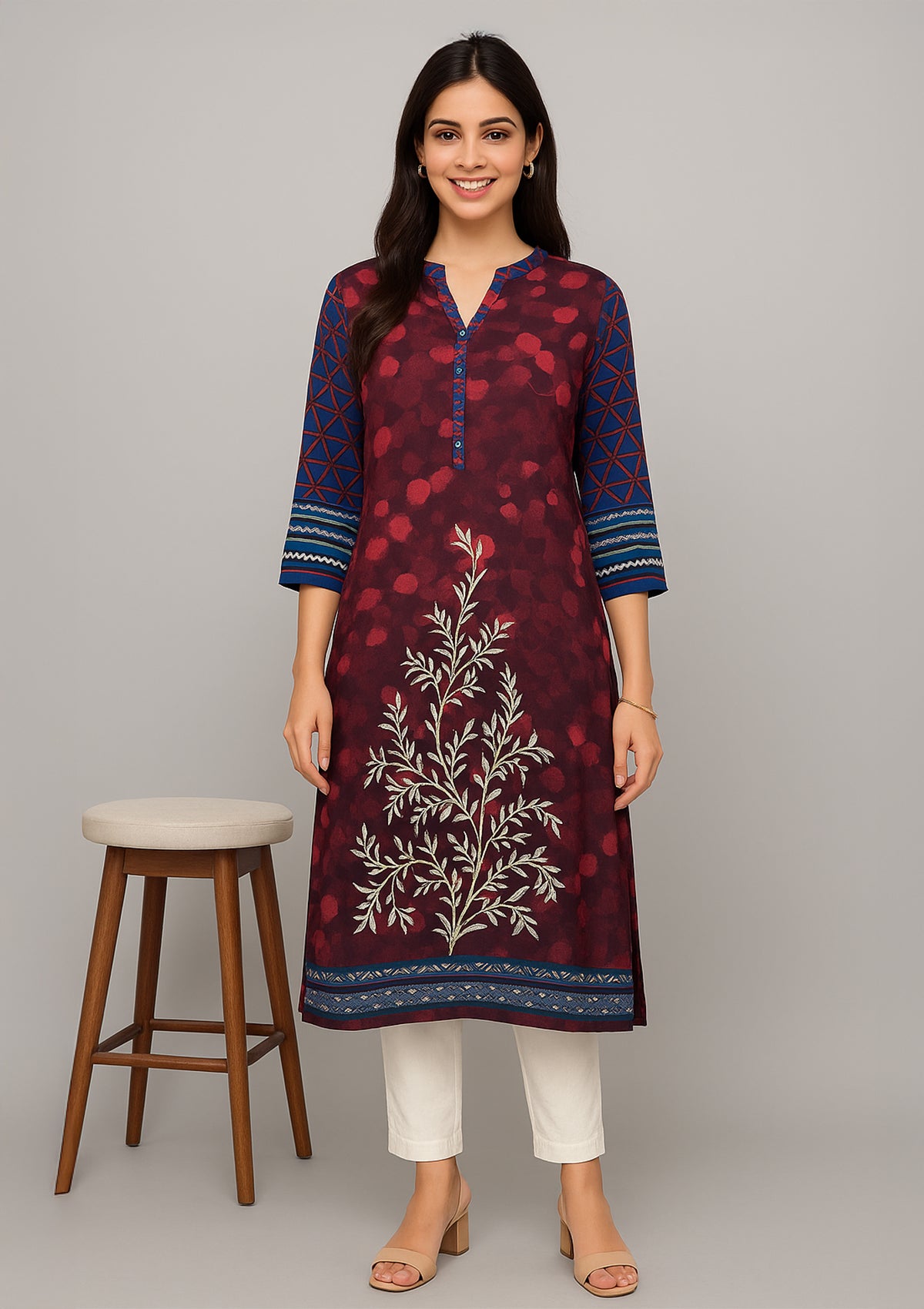 Maroon & Navy Blue Printed Rayon Kurti with Golden Motif Design