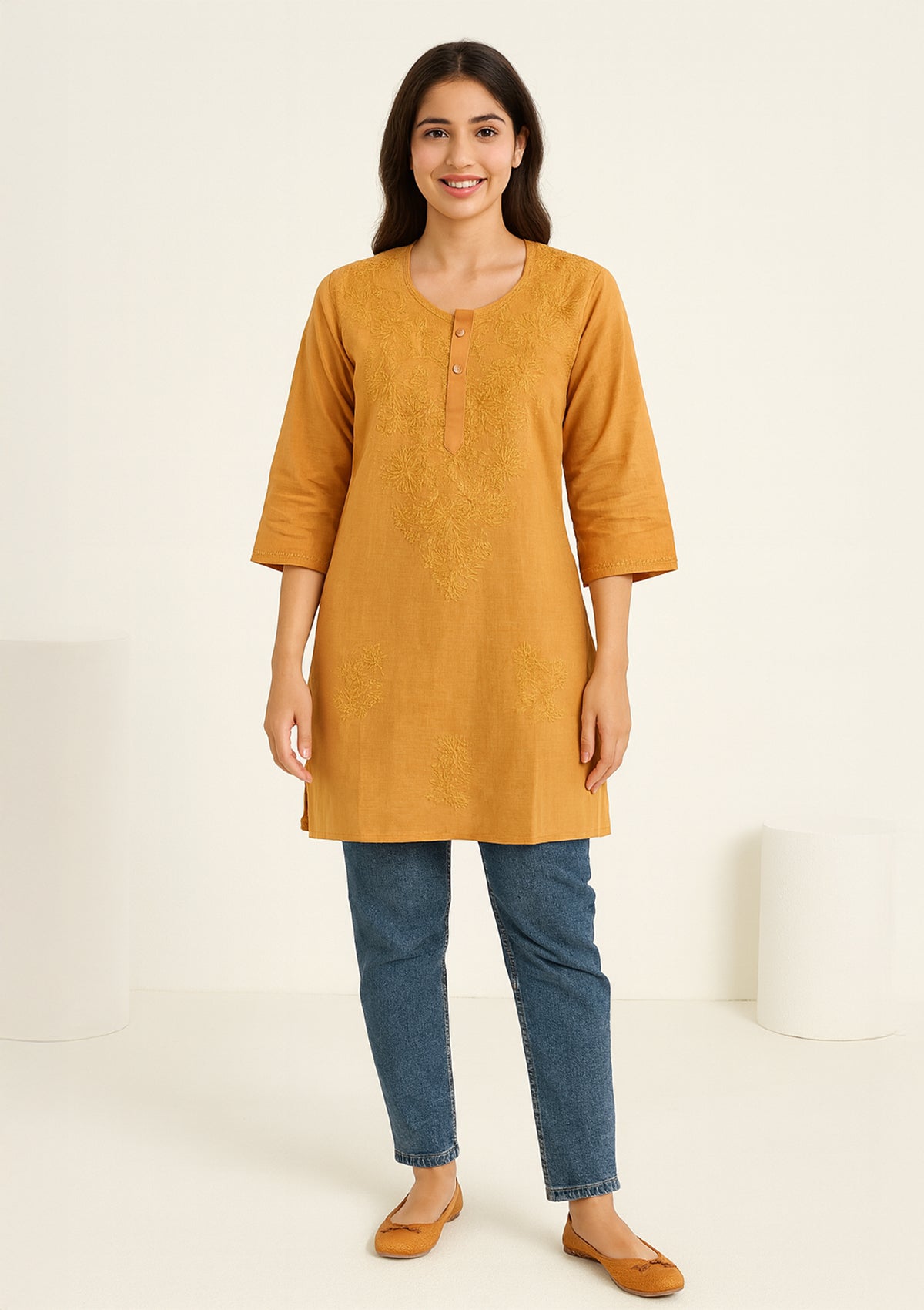 Mustard Yellow Cotton Embroidered Short Kurti – Everyday Comfort