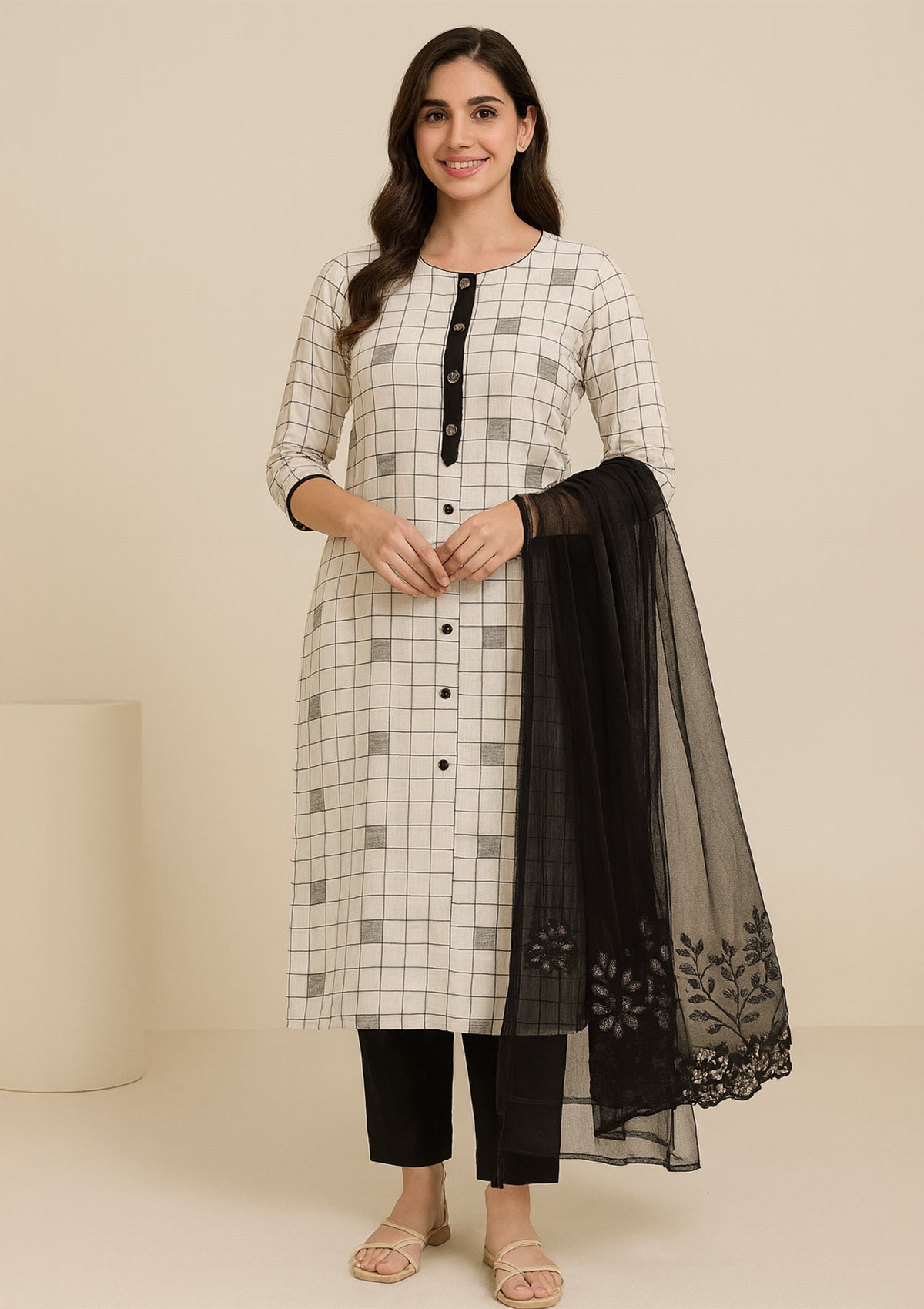 Black & White Cotton Unstitched Suit with Embroidered Chiffon Dupatta