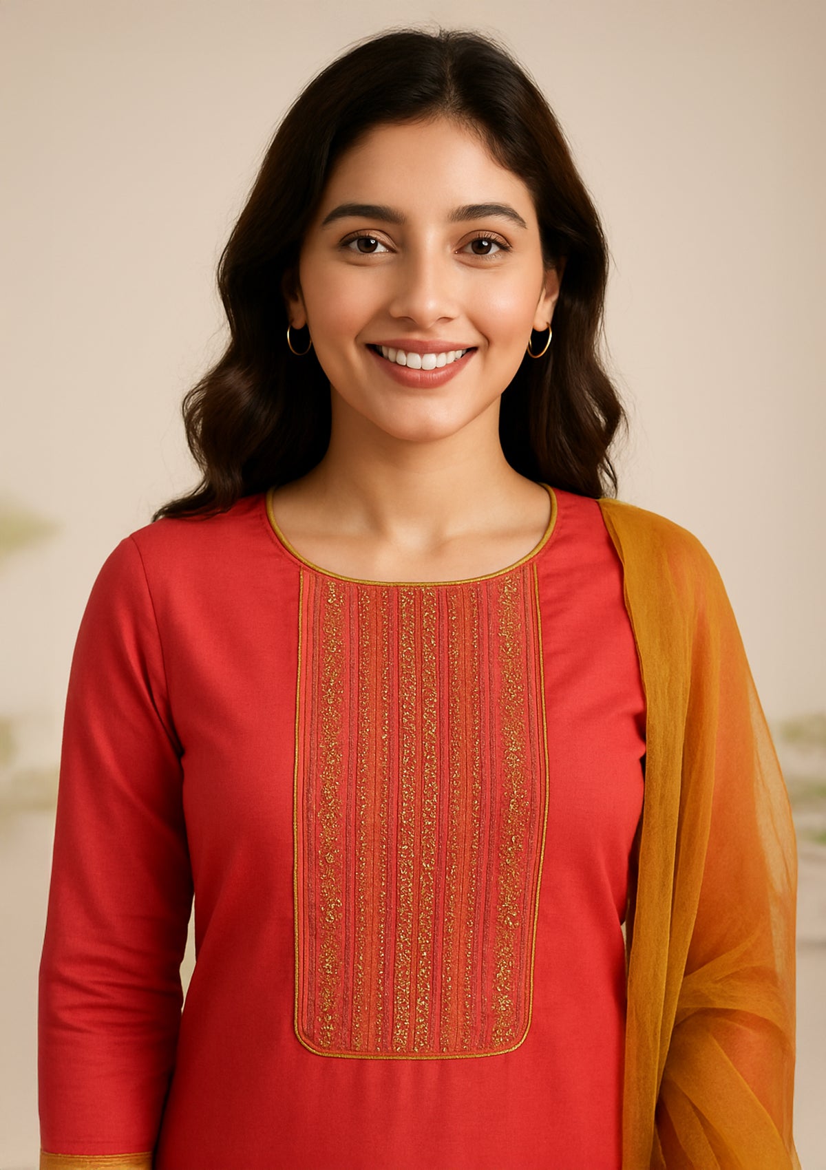 Carrot Red Jam Cotton Unstitched Suit with Mustard Chiffon Dupatta