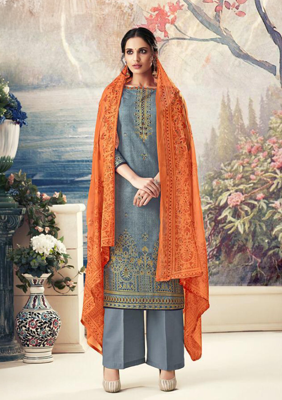 Cotton Unstitched Suit with Chiffon Dupatta – Elegant Blue Grey Printed Dress