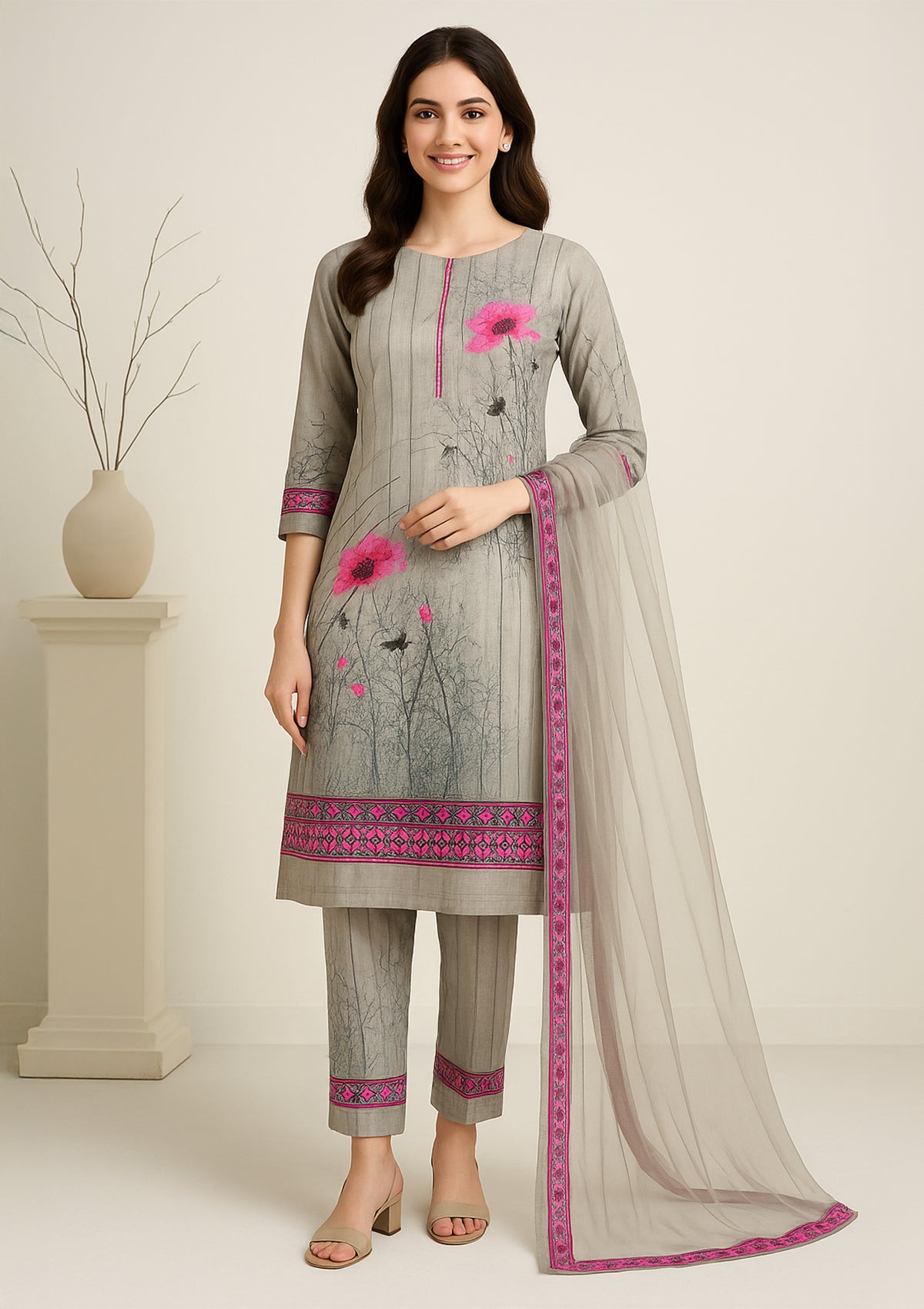 Elegant Grey Silk Unstitched Suit with Pink Floral Print