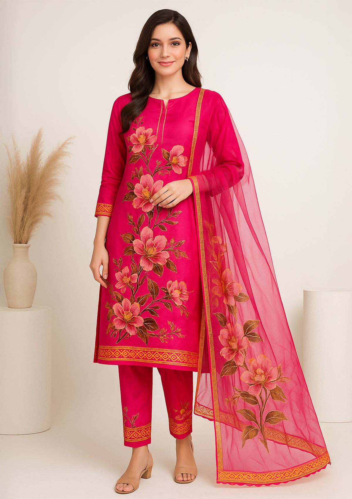 Designer Rani Pink Organza Unstitched Suit with Floral Embroidery Print