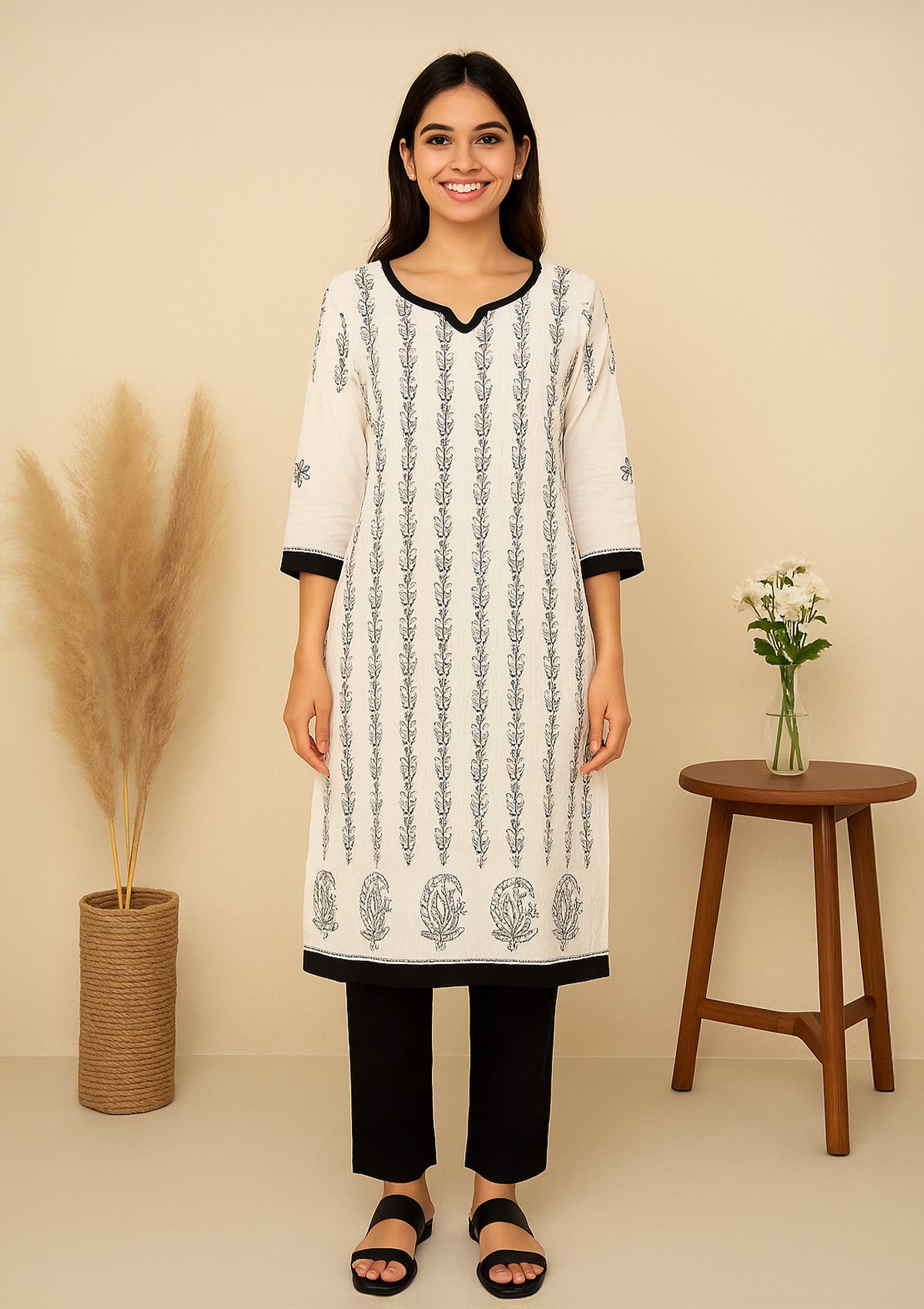 Chikankari A-Line Cotton Kurta Set – White with Black Embroidery