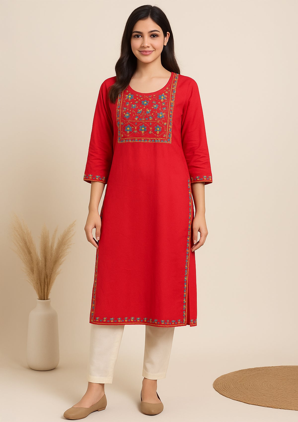 Red Rayon Kurti with Multicolor Embroidery and Golden Sequin Detailing