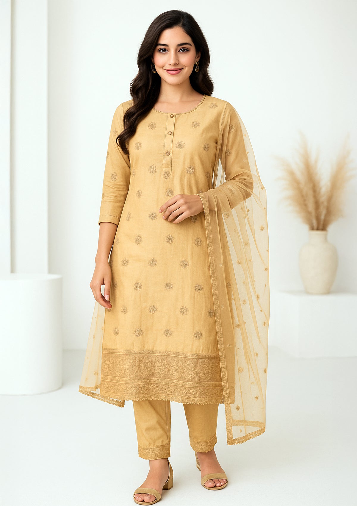 Elegant Beige Silk Blend Unstitched Suit with Embroidered Motifs