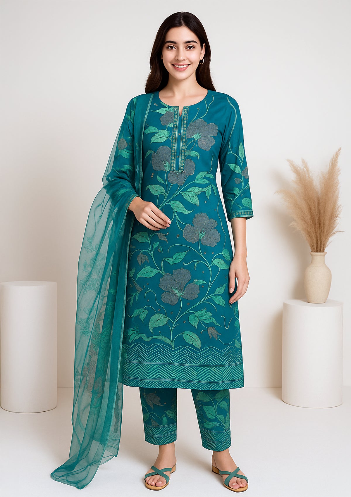 Jam Silk Unstitched Suit with Swarovski Work and Modal Muslin Dupatta