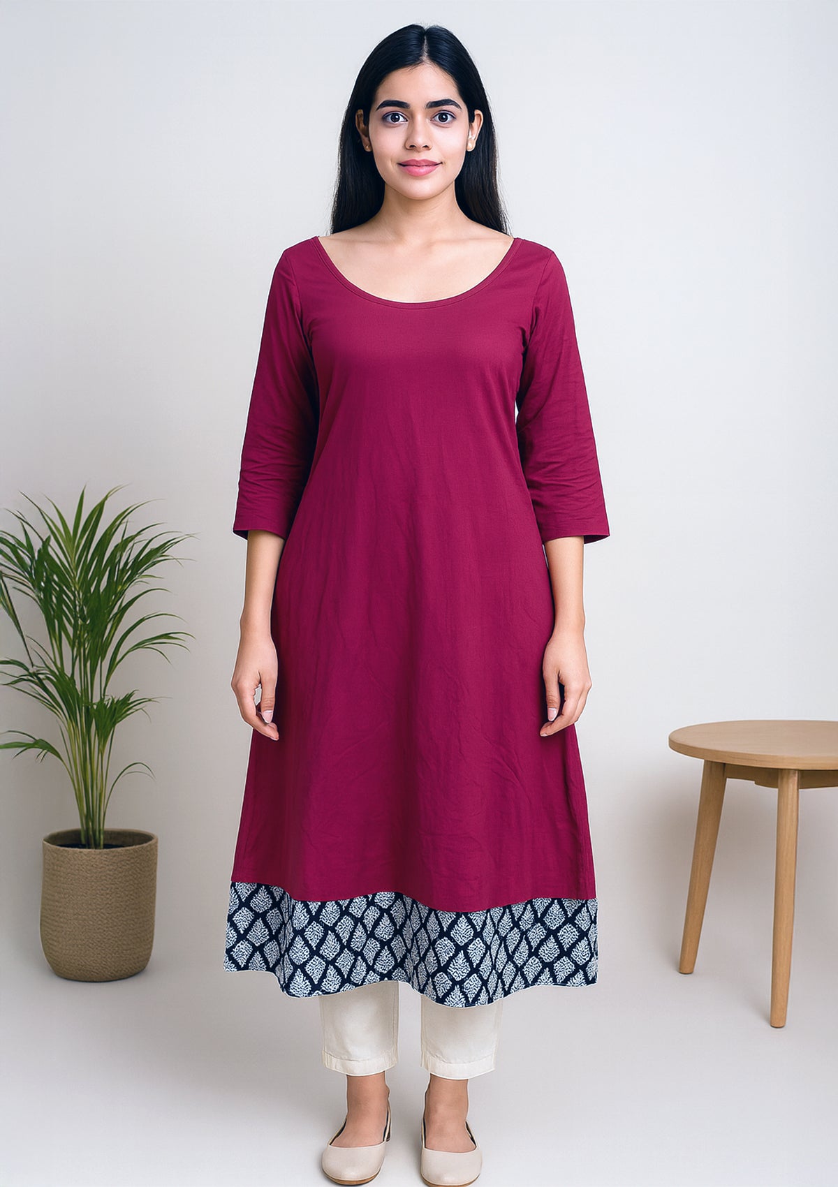 Stylish Maroon Rayon Kurti with Contrast Printed Hem Detailing