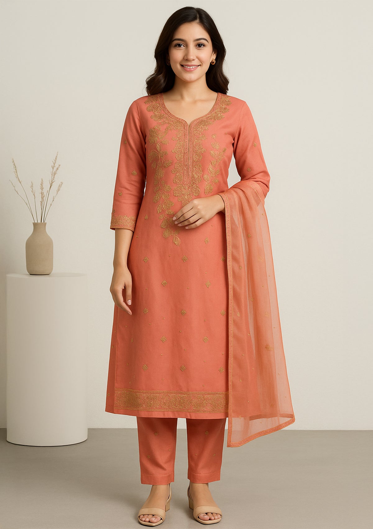 Peach Silk Unstitched Suit with Santoon Bottom & Pure Dupatta