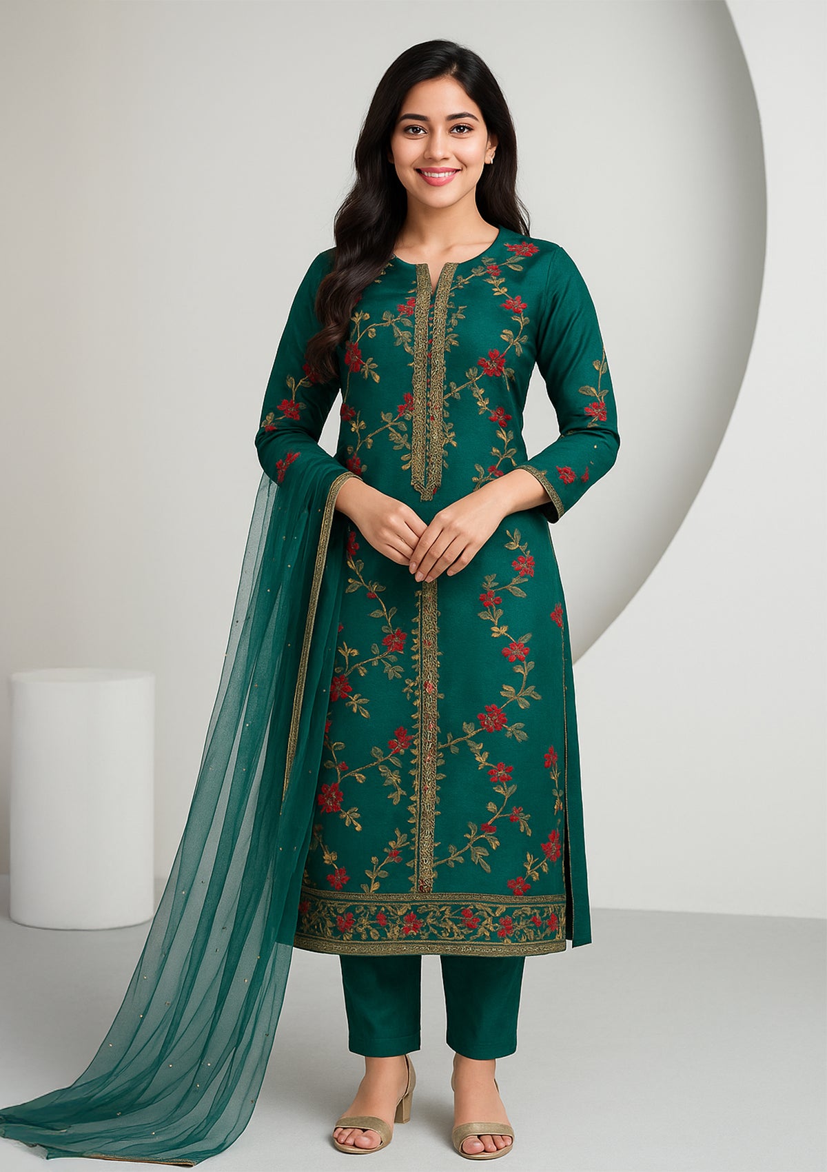 Bottle Green Silk Embroidered Unstitched Suit with Santoon Bottom