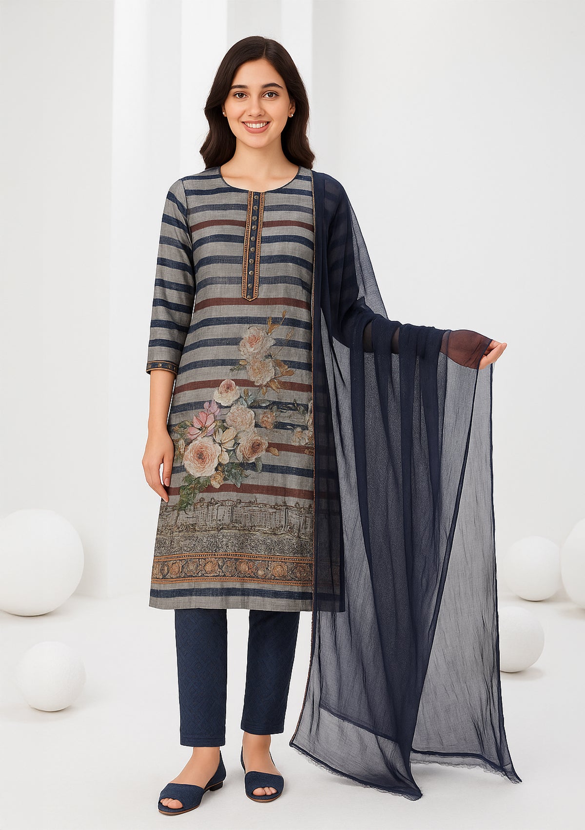 Premium Muslin Unstitched Suit with Viscose Santoon Bottom