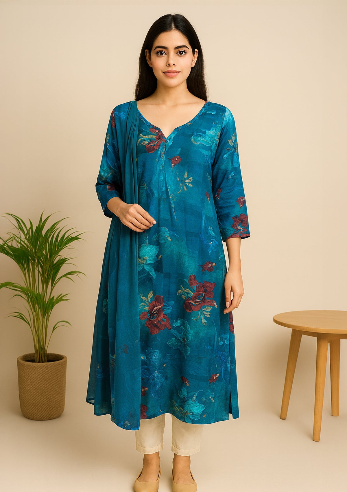 Teal Blue Masleen Printed Kurti with Floral Design – Lightweight