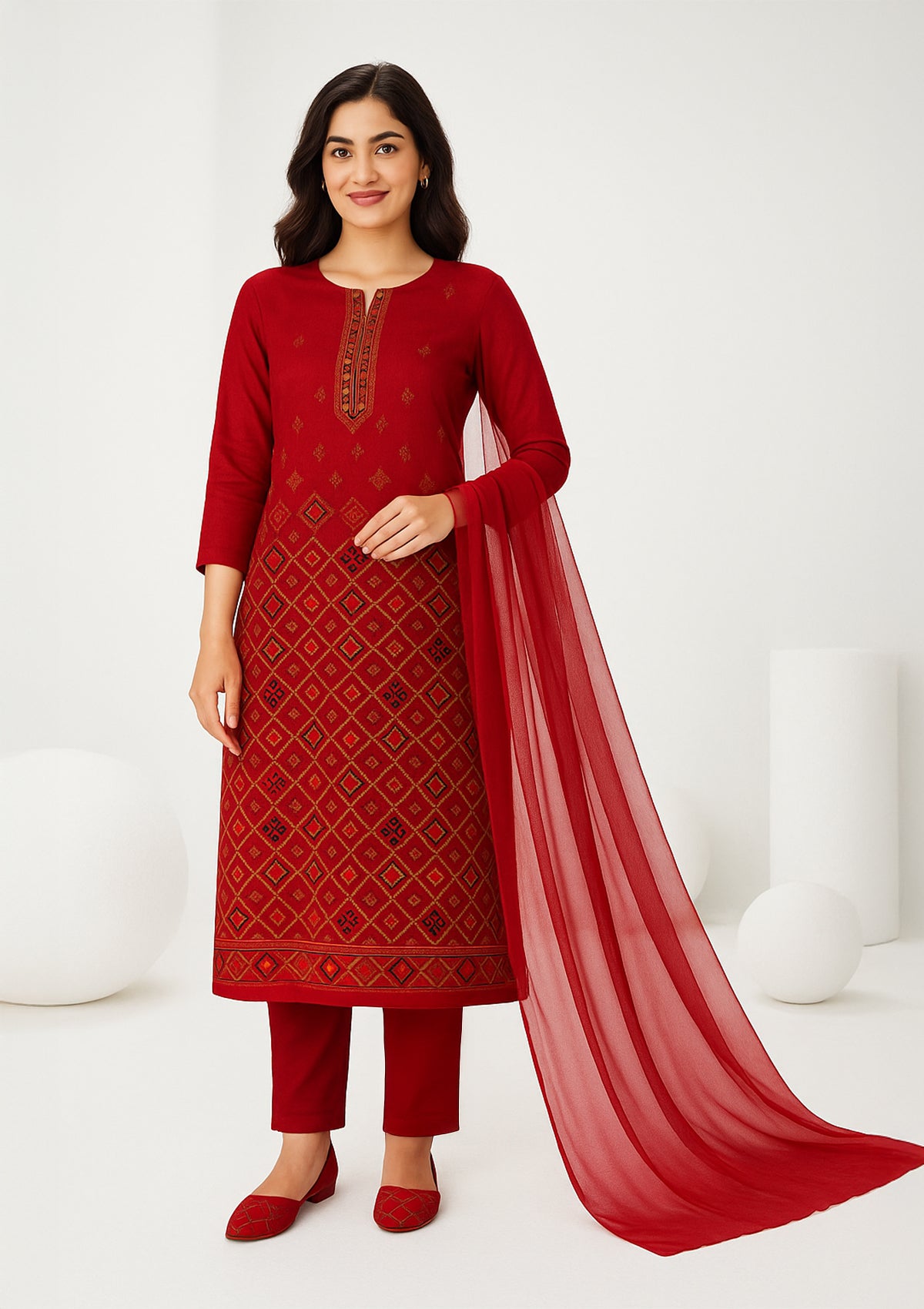 Premium Jam Cotton Red Printed Unstitched Suit with Bottom