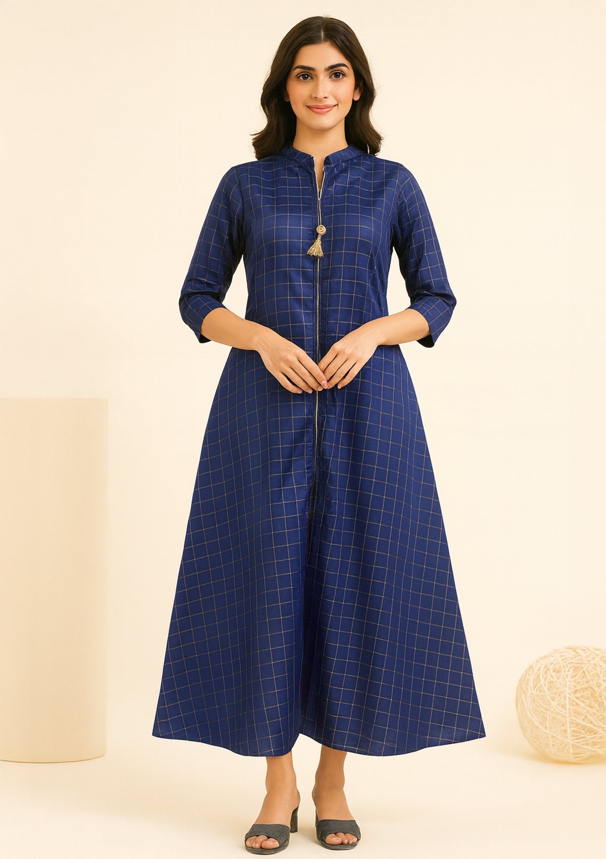 Royal Blue Silk Checkered One Piece Gown - Party Wear