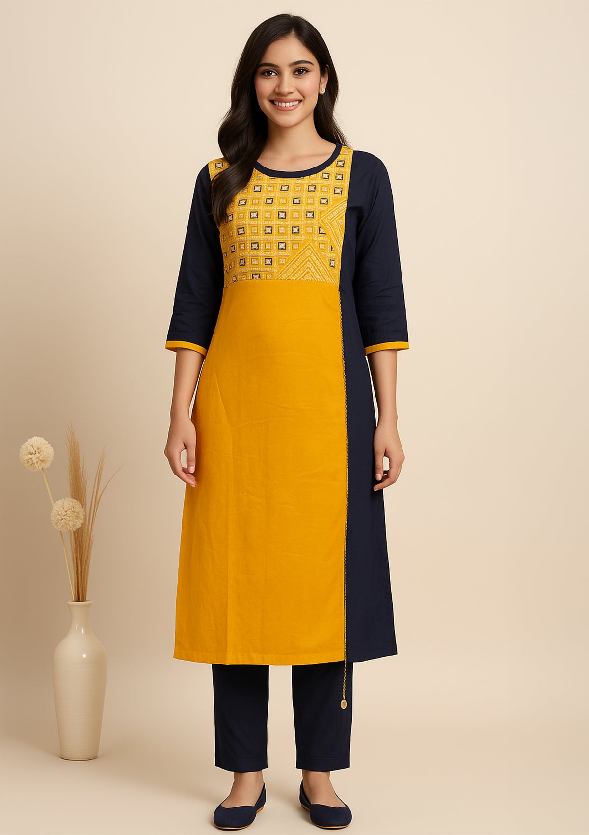 Mustard Yellow & Navy Blue Double Layered Rayon Kurti