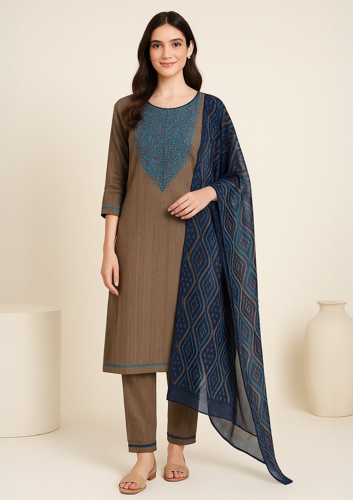 Cotton Embroidered Unstitched Suit with Chiffon Dupatta & Matching Bottom