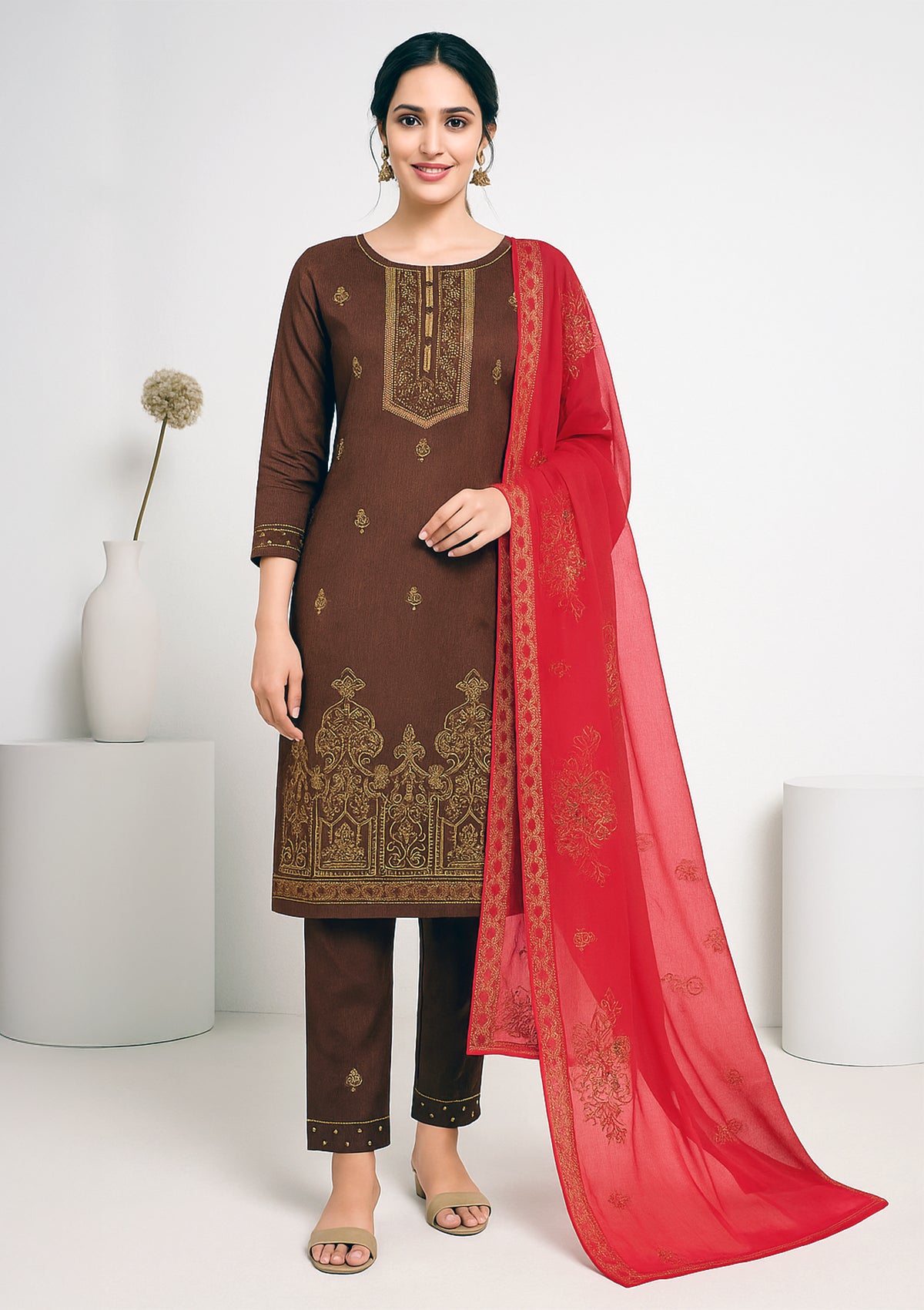Brown Jam Cotton Unstitched Suit with Premium Red Chiffon Dupatta