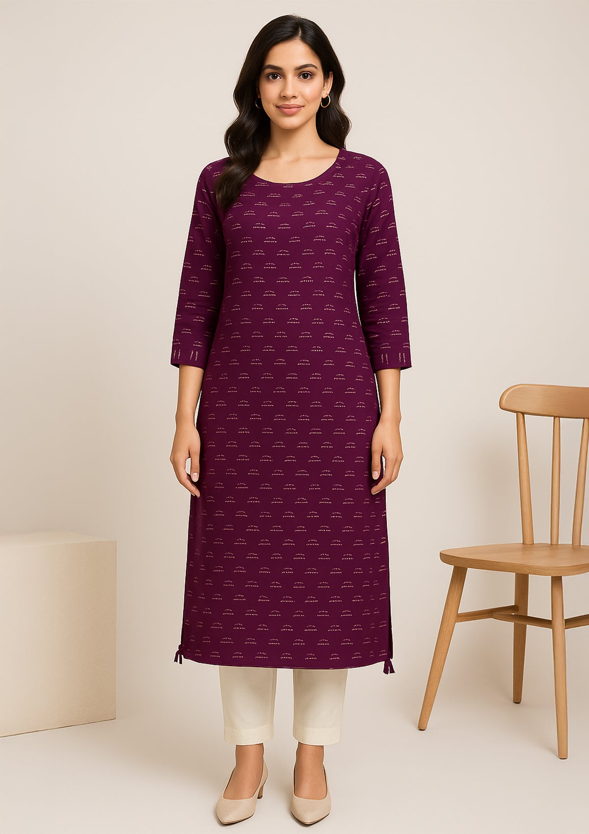 Elegant Maroon Rayon Kurti with Golden Sequin Work & Subtle Detailing