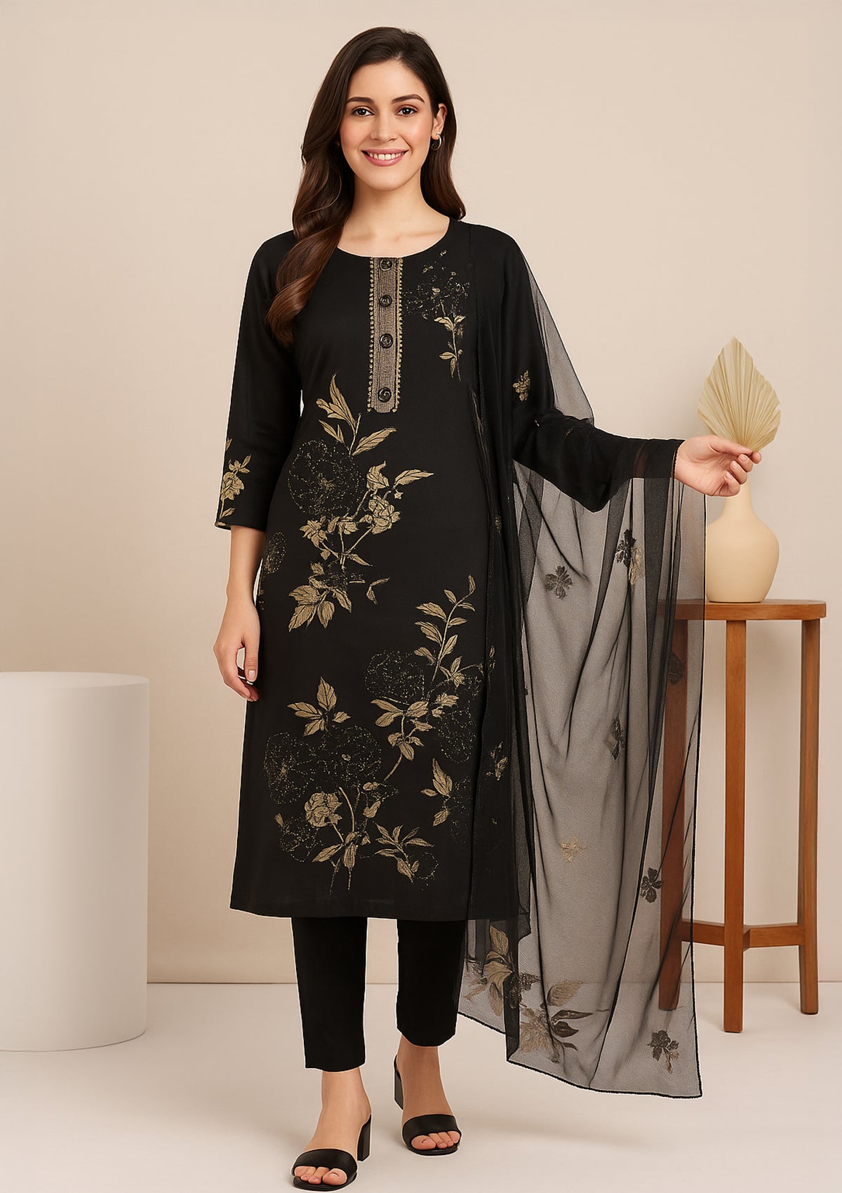 Black Jam Silk Unstitched Suit with Hand Work Detailing and Pure Dupatta