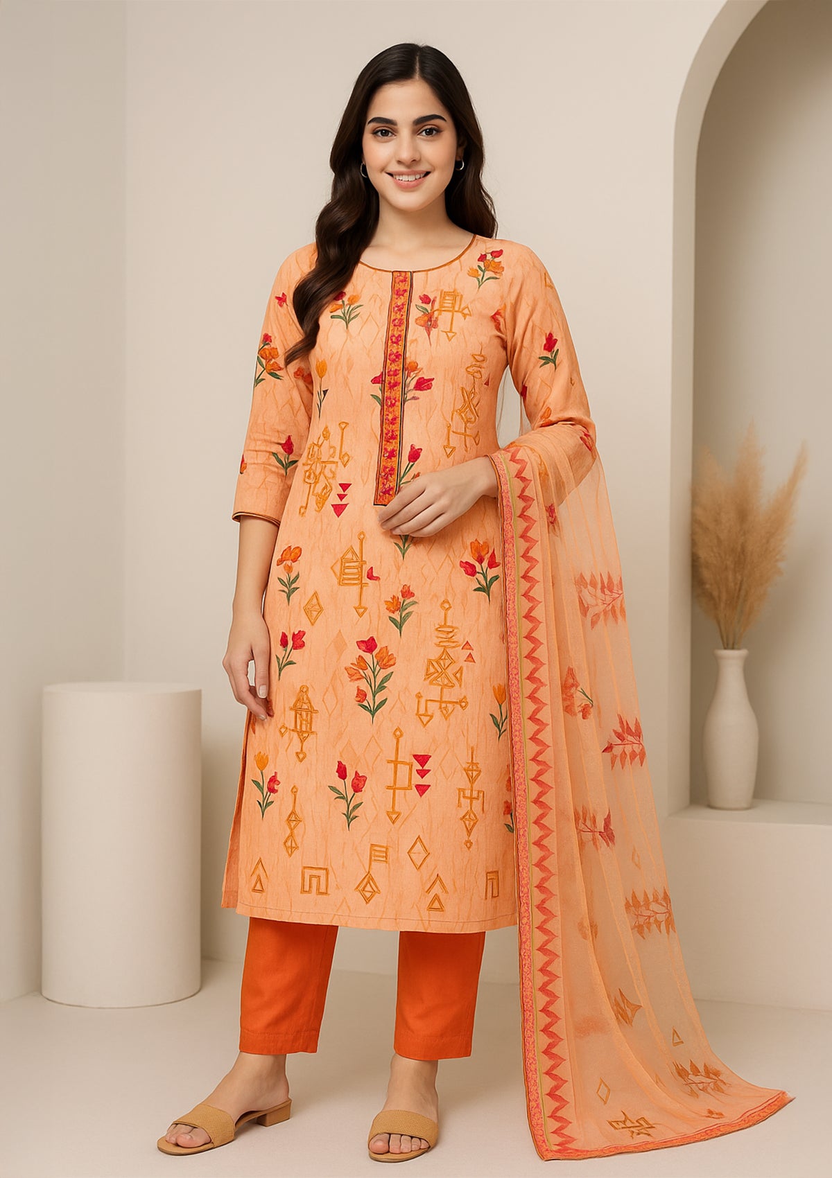 Peach Orange Embroidered Unstitched Suit Set with Rayon Top