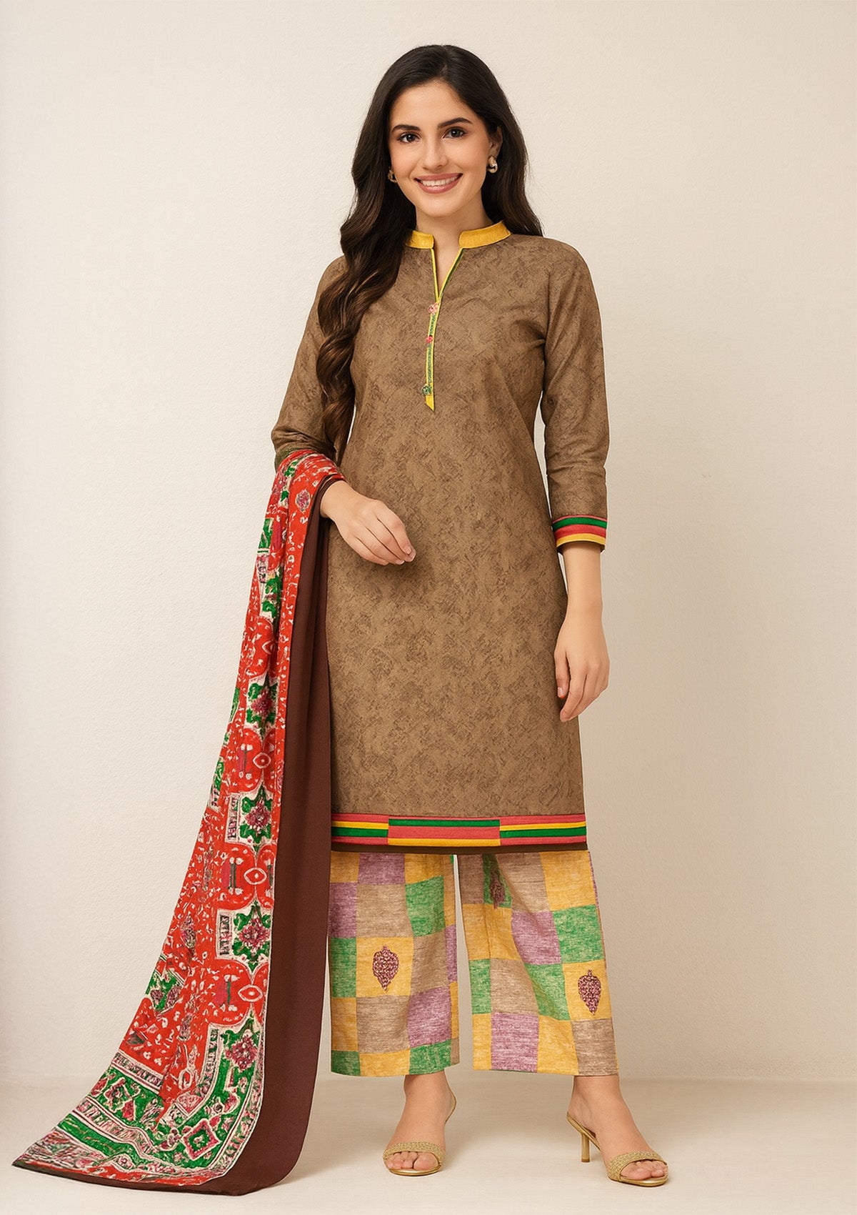 Brown Printed Cotton Unstitched Suit with Colorful Patchwork Palazzo