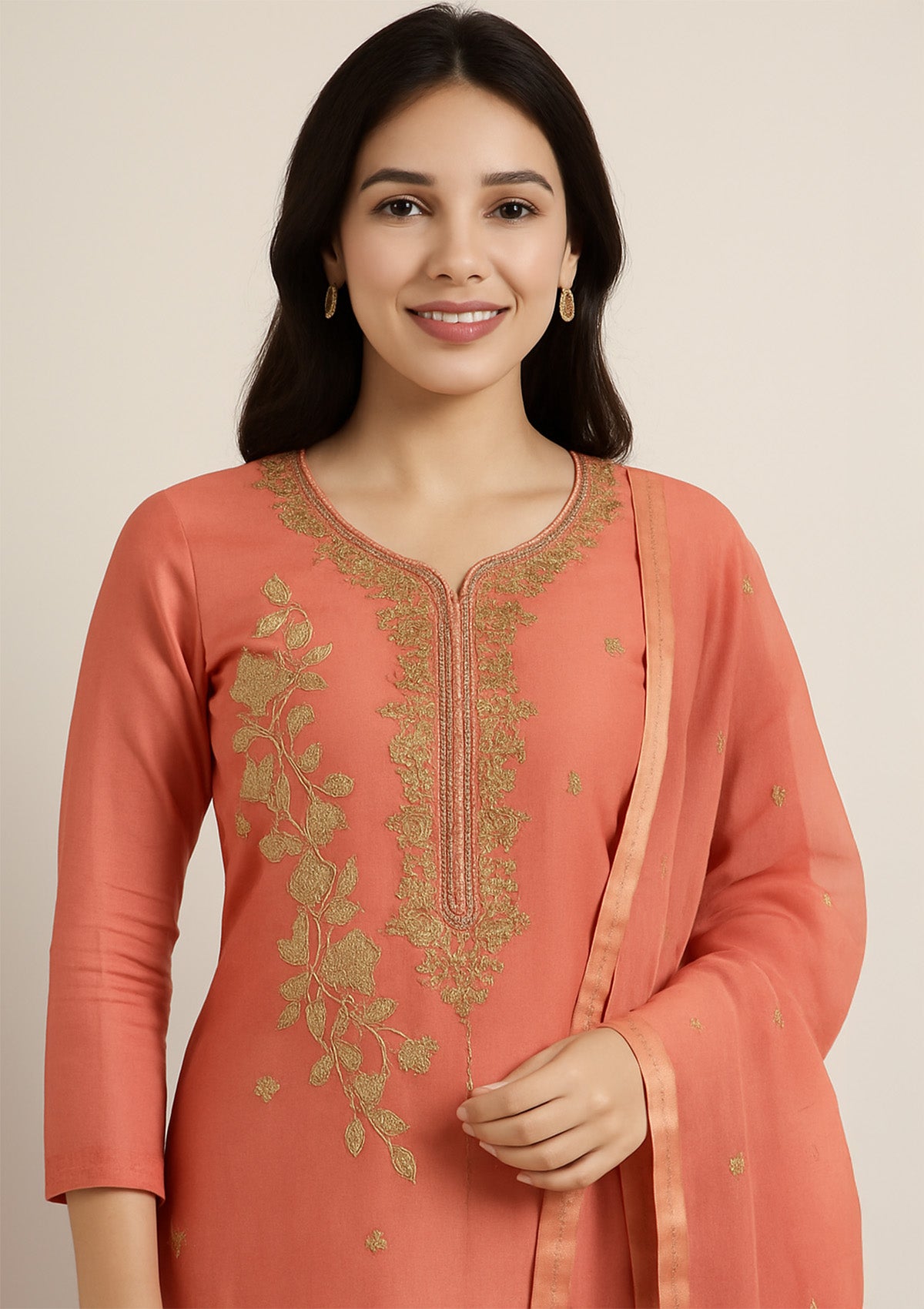 Peach Silk Unstitched Suit with Santoon Bottom & Pure Dupatta