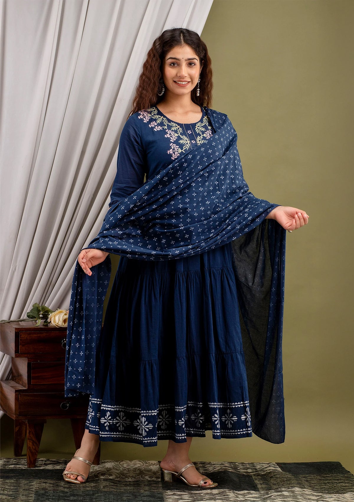 Navy Blue Cotton Embroidered Anarkali Suit Set (Kurti with Dupatta)