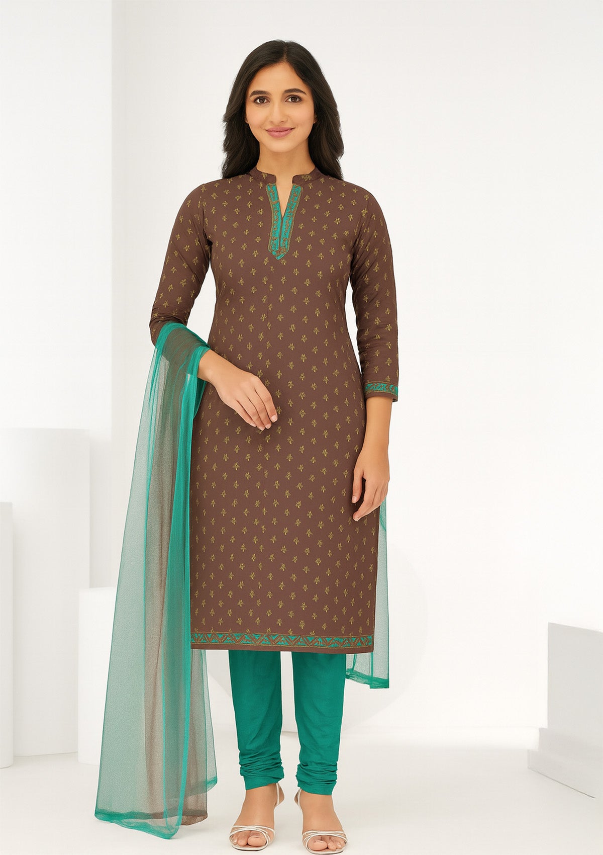 Brown & Green Printed Cotton Unstitched Suit with Churidar & Dupatta
