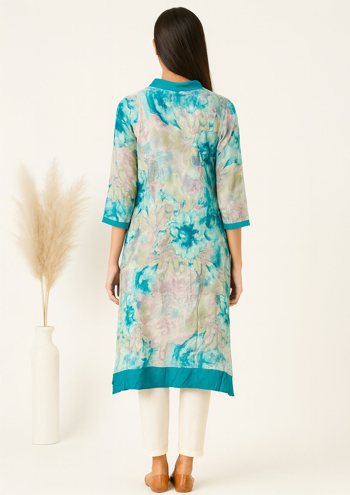 Teal Blue Printed & Embroidered Rayon Kurti